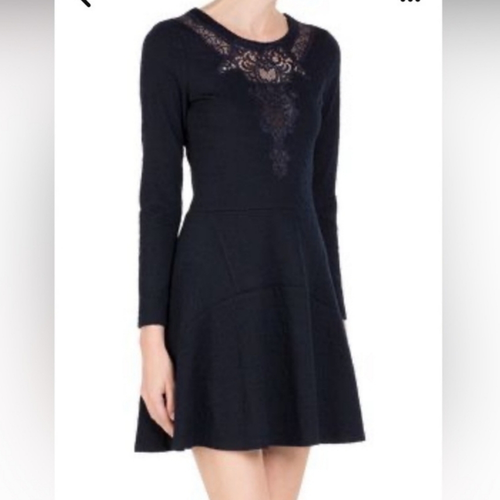THE KOOPLES Navy Blue Fit & Flare textured Dress S lace Detail Stretch S M